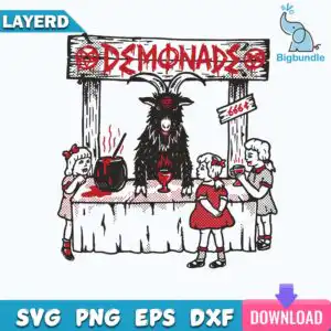 funnyquotes_377.jpg Cartoon black goat with curved horns serving drinks at wooden DEMONADE stand with three girls