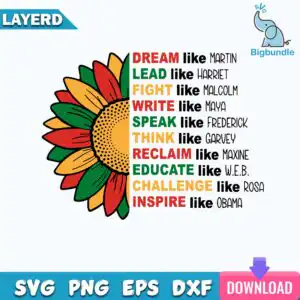 Typographic half sunflower design with DREAM like MARTIN and leaders list in red green gold yellow