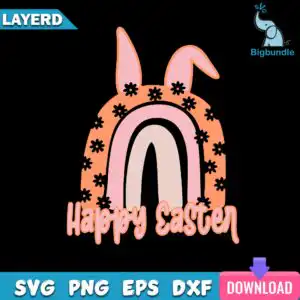 Boho Easter bunny rainbow with floral print and Happy Easter banner on black