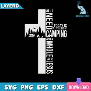 funnyquotes_47.jpg Typographic cross silhouette with camping text and pine trees, camper RV and tent icons