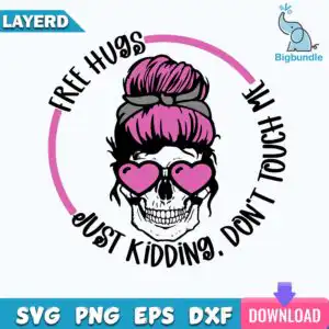 funnyquotes_547.jpg Circular badge with skull in pink messy bun, heart sunglasses and FREE HUGS text