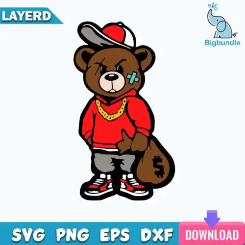 Gangster Teddy Bear Money Bags SVG, Good Chain Necklace Sneaker SVG