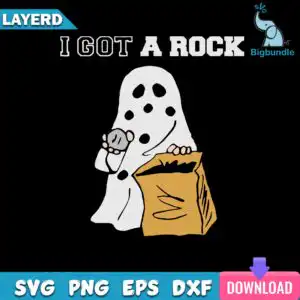 Funny white ghost sheet character holding gray rock and tan trick-or-treat bag with I Got A Rock text