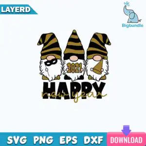 funnyquotes_595.jpg Three gnomes in black and gold striped hats with Happy New Year lettering and 2021
