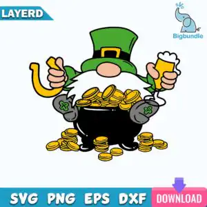 Cartoon bearded gnome with green hat holding beer mug and horseshoe next to pot of gold coins