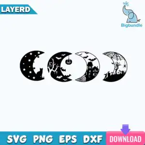 funnyquotes_638.jpg Four black crescent moon silhouettes with Halloween icons like cats, bats and haunted houses