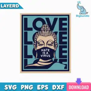 Buddha head wearing face mask with LOVE and HATE IS A VIRUS text in teal and navy poster style