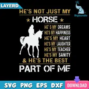 Black square design with horse and rider silhouette and He's Not Just My Horse quote in white and gold