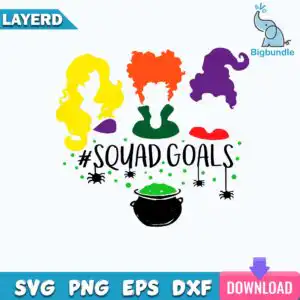 Three stylized witches hair silhouettes with black cauldron and #SQUAD.GOALS text in yellow orange purple