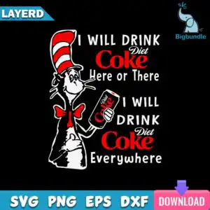 cartoon cat with tall striped hat and bow tie holding Diet Coke soda can with funny quote