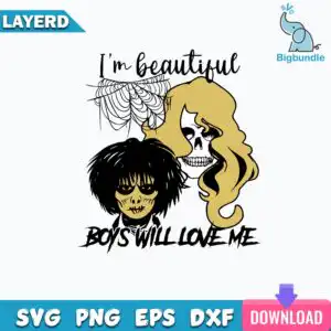 funnyquotes_889.jpg Two stylized skull-faced figures with spiderweb and text I'm beautiful Boys Will Love Me in black and light gold