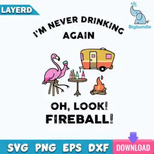 Cartoon pink flamingo holding wine glass with camper trailer and campfire graphic