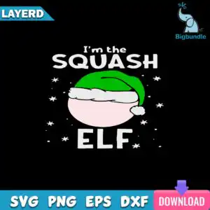 funnyquotes_914.jpg Black background design that says I'm the SQUASH ELF with green elf hat and light pink rounded shape