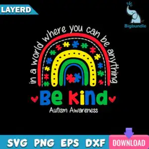Be Kind quote graphic with boho rainbow, puzzle pieces and hearts that reads in a world where you can be anything Be Kind