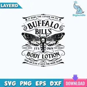 Vintage gothic label with death's-head hawkmoth and Buffalo Bill lotion quote text