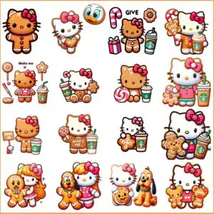 gingerbreadkittybundle.jpg Flat cartoon cat figures with bows, gingerbread cookies and coffee cups in pink and brown