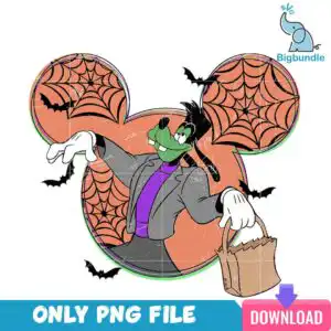 Green cartoon dog in Halloween costume holding brown trick-or-treat bag with mouse head silhouette