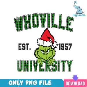 Badge design with green furry creature in Santa hat and WHOVILLE EST 1957 UNIVERSITY plaid lettering