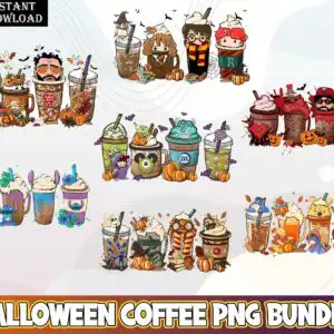 halloweencoffeepng6.99.jpg Flat cartoon Halloween iced coffee cups with whipped cream, pumpkins and cute wizard kids