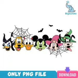 Six cartoon Halloween costume heads with spiderwebs and witch hats in pink green and yellow