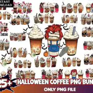 Iced coffee PNG image bundle with Halloween cups, bats, pumpkins and Tis The Season lettering
