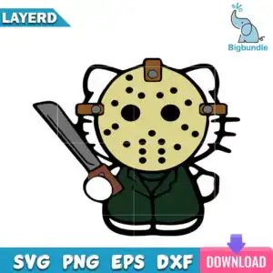 hellokittyjasonhalloween.jpg Cute cartoon cat wearing hockey mask holding gray machete with dark green jacket