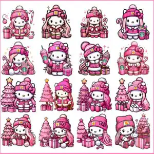 hellokittychristmas.jpg Grid of 16 white cartoon cat figures in pink beanies, bows and winter outfits with candy canes and gift boxes
