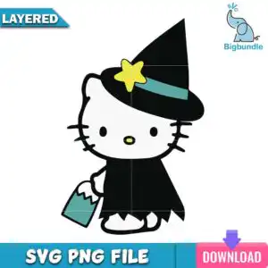Cartoon cat in witch costume with black hat teal band and yellow star holding teal treat bag