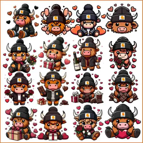 Highland cow valentine png bundle