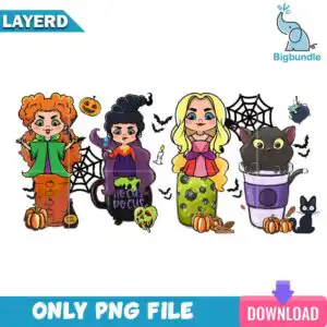 Three cartoon women and cat in Halloween cups with hocus pocus lettering and pumpkins