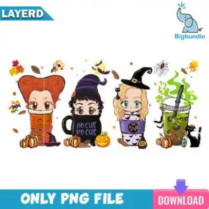 hocus-pocus-halloween.jpg Three chibi witch heads as coffee cups with HOCUS POCUS text, pumpkins and cats