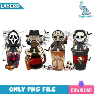 horror-halloween.jpg Four chibi horror figures on tumbler mugs with pumpkins, spider webs and bats