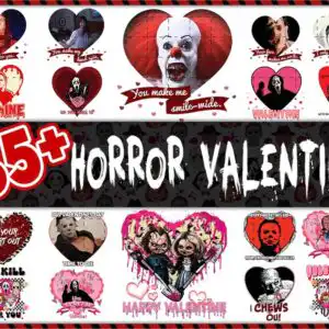 Horror valentine bundle with heart frames, masked figures and creepy romantic text
