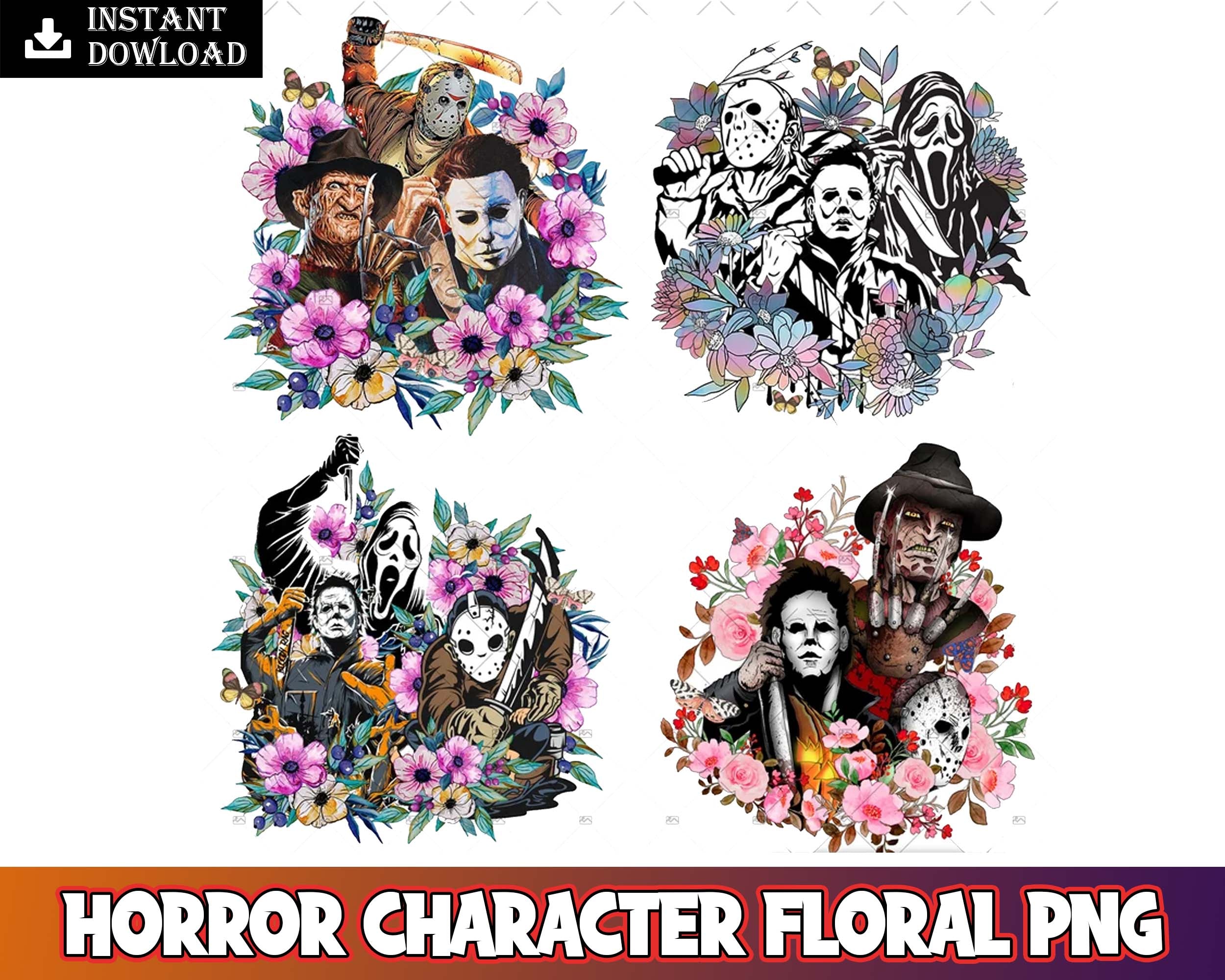 Horror characters floral PNG designs, For Cricut, Digital download.