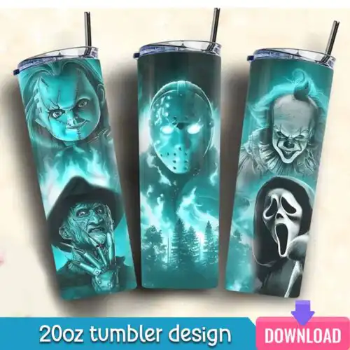 Horror Characters 20oz Skinny Straight png, Halloween Skinny Tumbler