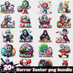 horroreasterbundlepng.jpg 20 chibi horror figures in costumes holding Easter eggs and wicker baskets in colorful flat style
