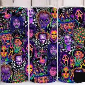 horrormoviescharacterstumbler3.99.jpg Neon collage of horror-themed stylized faces and masks in bright colors on black
