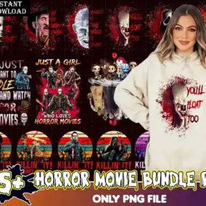 Retro horror bundle with Just A Girl Who Loves Horror Movies lettering and masked figures in red and black