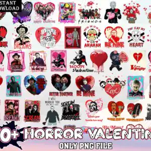 Horror Valentine bundle with dripping hearts, hockey mask and roses in red and black cartoon style