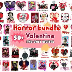 Horror Valentine collage with heart shapes, hockey masks, roses and Be Mine text banners in red and pink