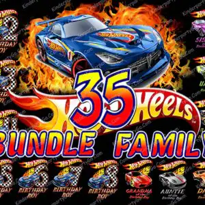 hotwheelspngbundle.jpg Blue racing car with flame graphics and number 35 for family birthday shirts on black
