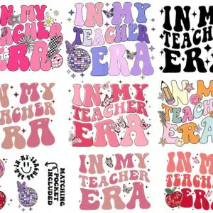 inmyteachererapngbundle5.99.jpg Retro wavy In My Teacher Era text with disco ball, checkered apple, pencil and smiley accents