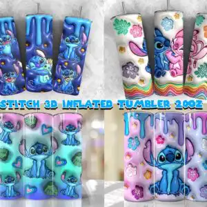 inflatedstitchtumblerbundle5.99.jpg Puffy blue alien character with pink companion, hibiscus flowers and paint drips tumbler wrap art
