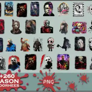 Chibi horror figure with hockey mask, machete and blood splatter
