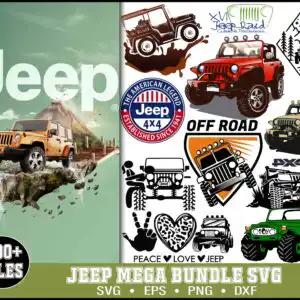 Preview sheet of Jeep 4x4 cut-file designs with a large Jeep photo on the left and illustrations on the right