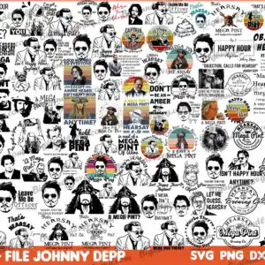 johnnydepp12.jpg Black-and-white caricature of a man in a suit and sunglasses with THAT'S HEARSAY lettering and orange and yellow accents