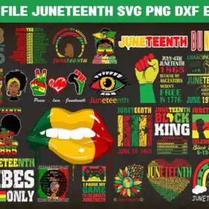 Juneteenth emancipation bundle preview with 24 bold graphics, raised fists and afro women in red yellow green