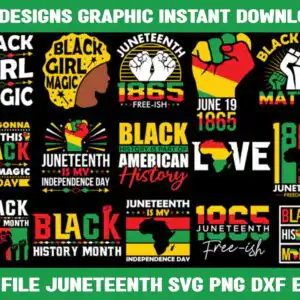 Bold Juneteenth typography bundle with Black Girl Magic and Black Lives Matter lettering in red yellow green and black