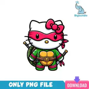 kittycartoon3_14.png White Hello Kitty-style cat in a red mask and green turtle shell with two katana hilts over its shoulders
