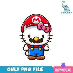 kittycartoon_13.png Hello Kitty dressed as Mario in a red cap with a white M, blue overalls and a black mustache, on a transparent background.